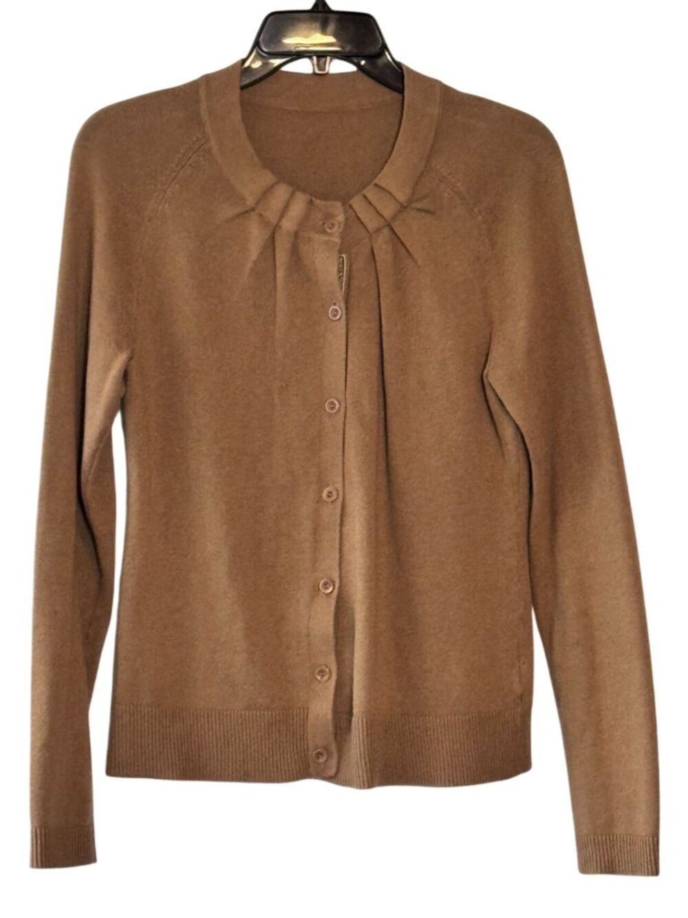 Women Tan Brown Cardigan Sweater Crew Neck Pleated Front Soft Stretchy Size XS S